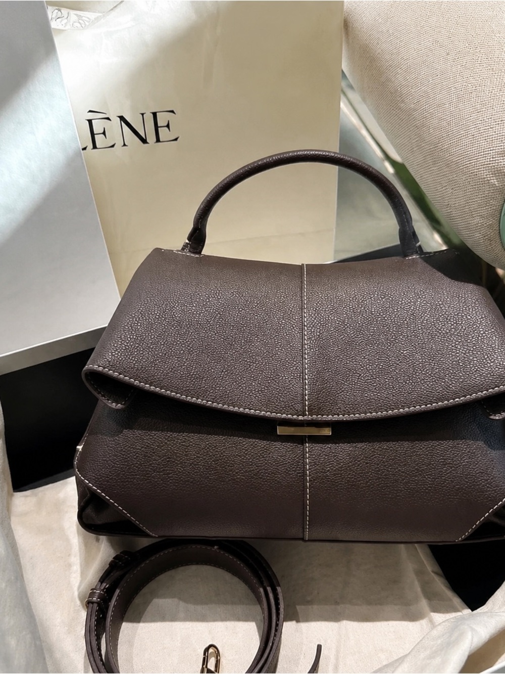 Polene Dark Brown Leather Top-Handle Satchel with Gold Hardware - Picture 4 of 4